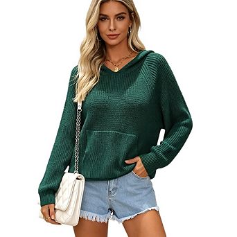 Women's Loose Fit Chunky Knit Hooded Pullover with Lantern Sleeves and Drop Shoulders
