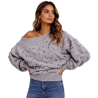 Women's Off Shoulder Cable Knit Batwing Sweater with Lantern Sleeves