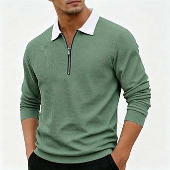 Men's Waffle Knit Quarter-Zip Polo Shirt Long Sleeve Regular Fit Pullover