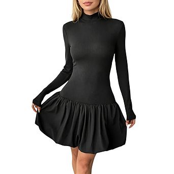 Women's Mock Neck Long Sleeve Elegant Classy Slim Fit Y2k Bubble Mini Dresses