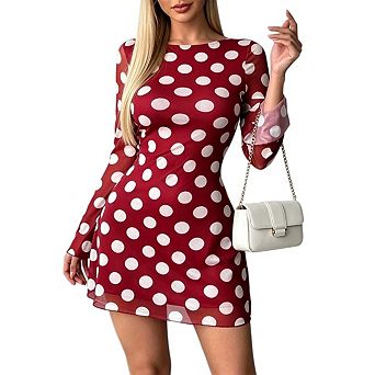 Women's Polka Dot Bell Long Sleeve Open Back Crewneck A Line Ruched Mesh Mini Dress
