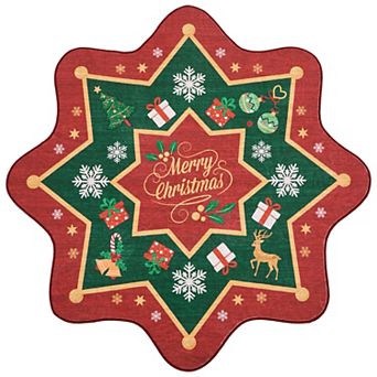 Christmas Scalloped Machine Washable Rug with Rubber Backing Non-Slip Foldable Carpet