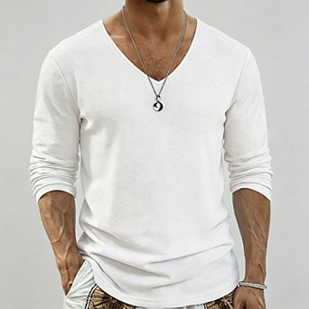 Men's Relaxed Fit Cotton Linen Blend Long Sleeve V-Neck T-Shirt Top