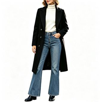 Women Long Double Breasted Trench Coat Lapel Collar Open Front Mid-Length Overcoat Casual Outerwear