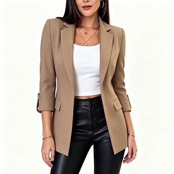 EcoSummer Women’s Roll Tab Sleeve Notched Lapel Blazer, One Button Business Casual Office Jacket