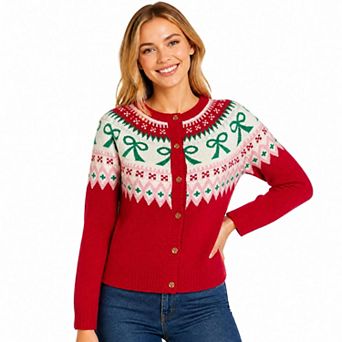 Women Christmas Cardigan Round Neck Button Front Long Sleeve Fair Isle Knit Top For Winter Wear