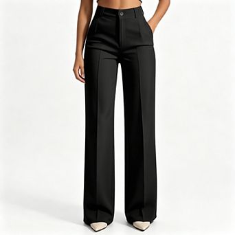 Women’s High Waist Wide Leg Dress Pants, Seam Detail Button Waist Office Casual Trousers