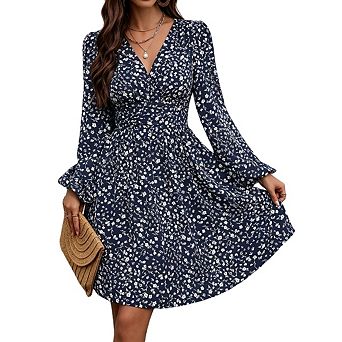 Womens Wrap V Neck Empire Waist Lantern Solid Long Sleeve Ruched Elegant Midi Dress