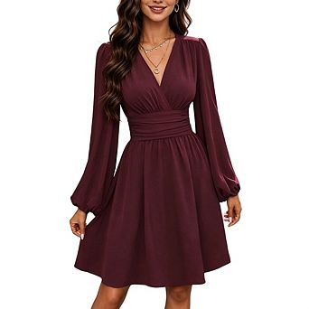 Womens Wrap V Neck Empire Waist Lantern Solid Long Sleeve Ruched Elegant Midi Dress