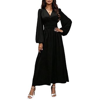 Womens Long Lantern Sleeve Wrap V-Neck Empire Waist Ruched Elegant Formal Maxi Dress
