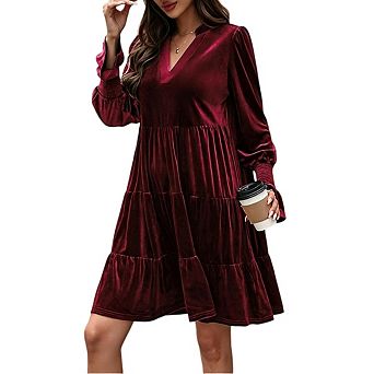 Women's Velvet Long Sleeve Casual V Neck A Line Babydoll Flowy Mini Dresses