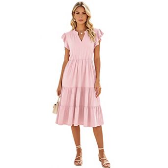 Women Ruffle Short Sleeve Tiered Midi Dress