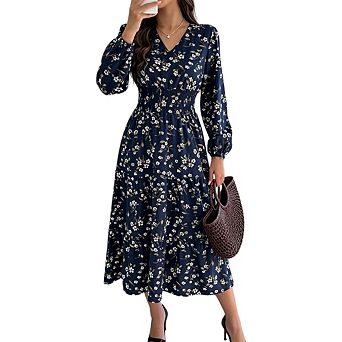 Women's Casual Long Sleeve Boho Floral V Neck Smocked High Waist Pleated A Line Flowy Midi Dresses