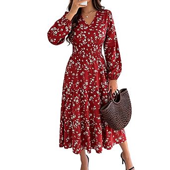 Women's Casual Long Sleeve Boho Floral V Neck Smocked High Waist Pleated A Line Flowy Midi Dresses