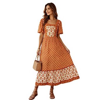 Women Square Neck Floral Flowy Midi Dress