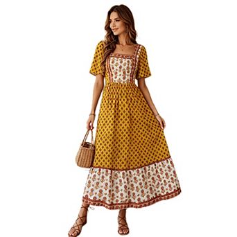 Women Square Neck Floral Flowy Midi Dress