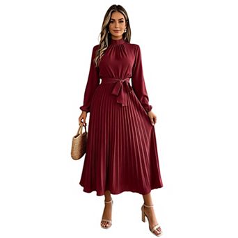 Women Elegant Mock Neck Belted Waist Pleated Midi Dress