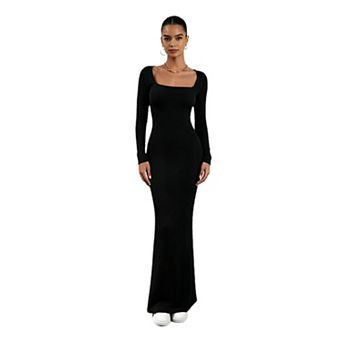 Women Square Neck Bodycon Evening Party Long Dress