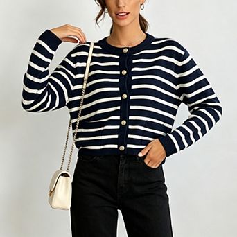 ShopWonder Women's Button Down Cropped Striped Cardigan Sweaters