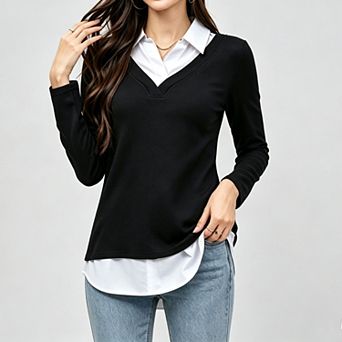 Women's Casual Collared Curved Hem 2 in 1 Pullover Tops Plaid Contrast Shirt Blouse