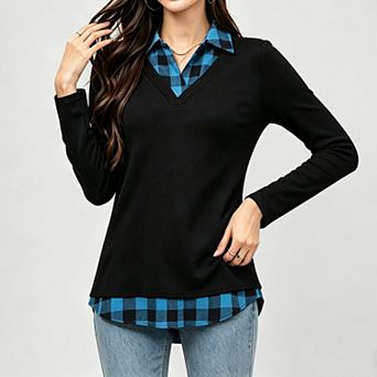 Women's Casual Collared Curved Hem 2 in 1 Pullover Tops Plaid Contrast Shirt Blouse