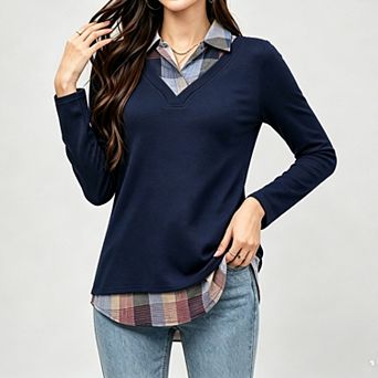 Women's Casual Collared Curved Hem 2 in 1 Pullover Tops Plaid Contrast Shirt Blouse