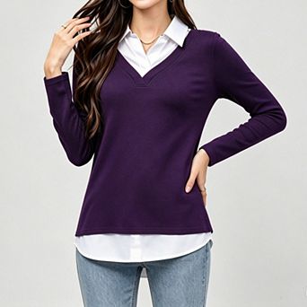 Women's Casual Collared Curved Hem 2 in 1 Pullover Tops Plaid Contrast Shirt Blouse