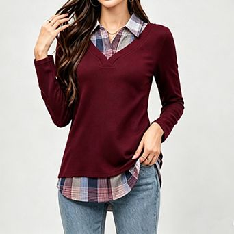 Women's Casual Collared Curved Hem 2 in 1 Pullover Tops Plaid Contrast Shirt Blouse