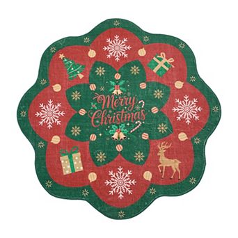 Scalloped Christmas Area Rug with Rubber Backing Non-Slip Machine Washable Floor Mat