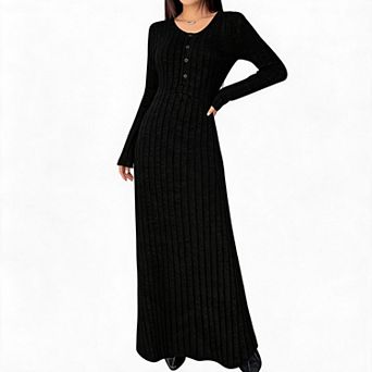 Women Henley V‑Neck Ribbed Knit Maxi Dress Long Sleeve Slim Fit Fall Winter Dress