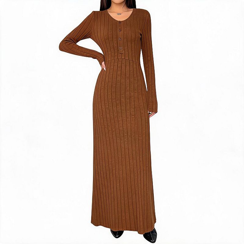 waffle knit henley maxi dress Women V‑Neck Ribbed Long Sleeve Slim Fit Fall Winter Dress sticker:new-arrival:2026-02-23:2026-03-02