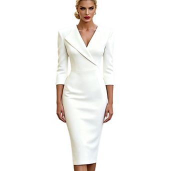 Women's Elegant Lapel V‑Neck Midi Pencil Dress 3/4 Sleeve Back Split Slim Business Bodycon Dress