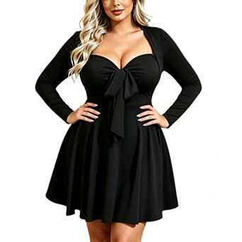 Women's Plus Size Knit Swing Dress V Neck Front Tie Long Sleeve Short A‑Line Dress
