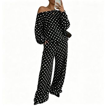 Women’s 2 pc Polka Dot Outfit Set, Off Shoulder Sweatshirt & Wide Leg Pants Casual Loungewear