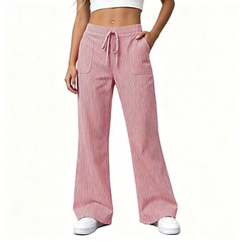 EcoSummer Women’s Vertical Stripe Wide Leg Pants, Drawstring Elastic Waist Casual Lounge Trousers