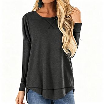 EcoSummer Women’s Crew Neck Long Sleeve Tunic Top, Stripe Print Curved Hem Casual Loose Fit Shirt