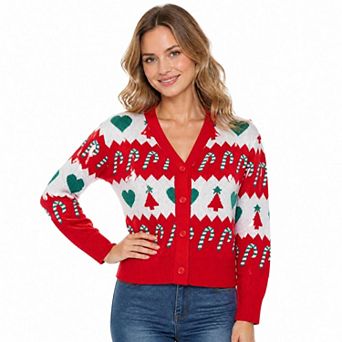 Women Christmas Cardigan V Neck Button Front Long Sleeve Jacquard Knit Top For Holiday Winter Wear