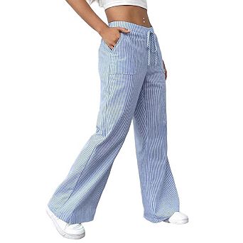 Women's Striped Wide Leg Pants Elastic High Waist Drawstring Loose Casual Trousers with Pockets