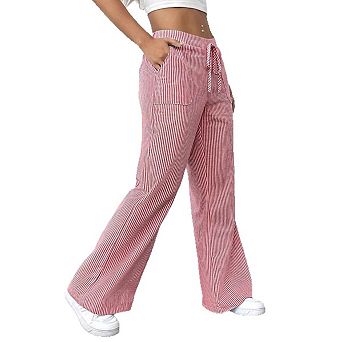 Women's Striped Wide Leg Pants Elastic High Waist Drawstring Loose Casual Trousers with Pockets