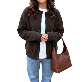 ShopWonder Women's Knit Button Down Cardigan Crew Neck Long Sleeve Casual Fall Winter Sweater