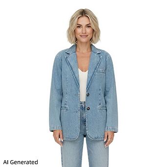 Women's Denim Blazer, Long Sleeve Loose Casual Office Jean Jacket