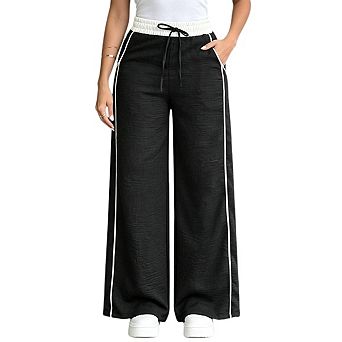 Women Wide Leg Sweatpants Drawstring Color Block High Waist Straight Leg Pants with Pockets