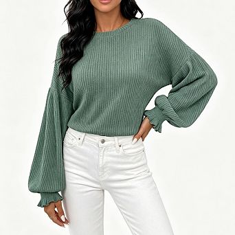 Women's Ribbed Crew Neck Balloon Long Sleeve Loose T‑Shirt Casual Daily Tops