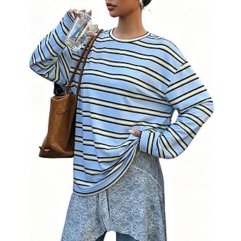 Women's Overside Striped Crew Neck Long Sleeve T-Shirt Loose Casual Tops
