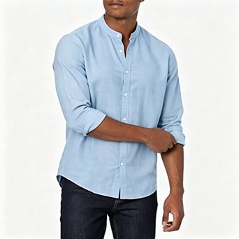 Men's Linen Henley Shirt Long Sleeve Button Up Lightweight Casual Shirt