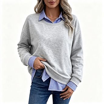 Women's 2 in 1 Striped Collar Sweatshirt, Fake Two Piece Layered Long Sleeve Casual Pullover