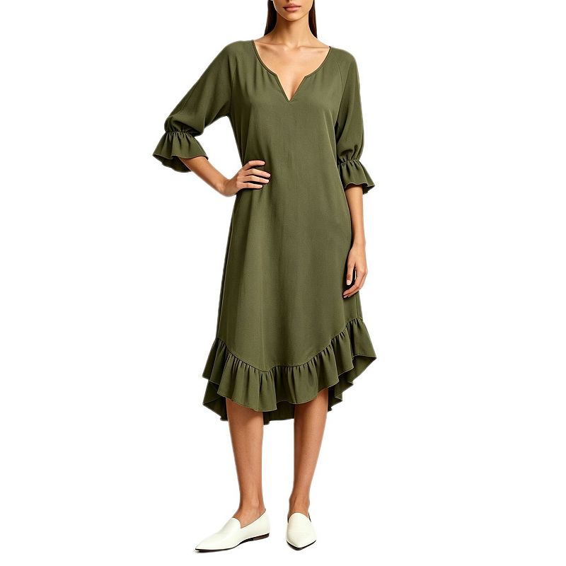 kohls a line dress Women's V Neck Midi 3/4 Sleeve Ruffle Hem Loose Casual Flowy Dress round neck
