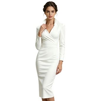 Women's Stand Collar Wrap V Neck Dress Long Sleeve Bodycon Midi Sheath Business Dresses