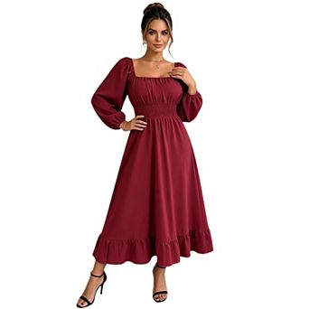 Women's Square Neck Long Sleeve Smocked Waist Ruffle Hem A Line Midi Dress