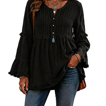 Boho Long Sleeve Top Womens Ruffle Fringe Bell Sleeve Round Neck Loose Fit Casual Flowy